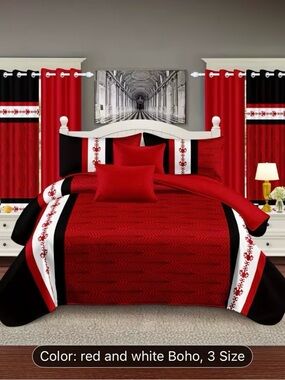 Red and White Boho Comforter Set - Elegant Home Bedding